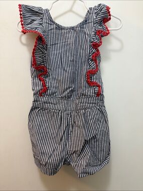 Girls Striped Romper with Red Trim & Snaps at Bottom
